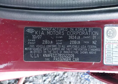 2008 Kia Spectra Ex from USA, damaged, VIN KNAFE121785522109